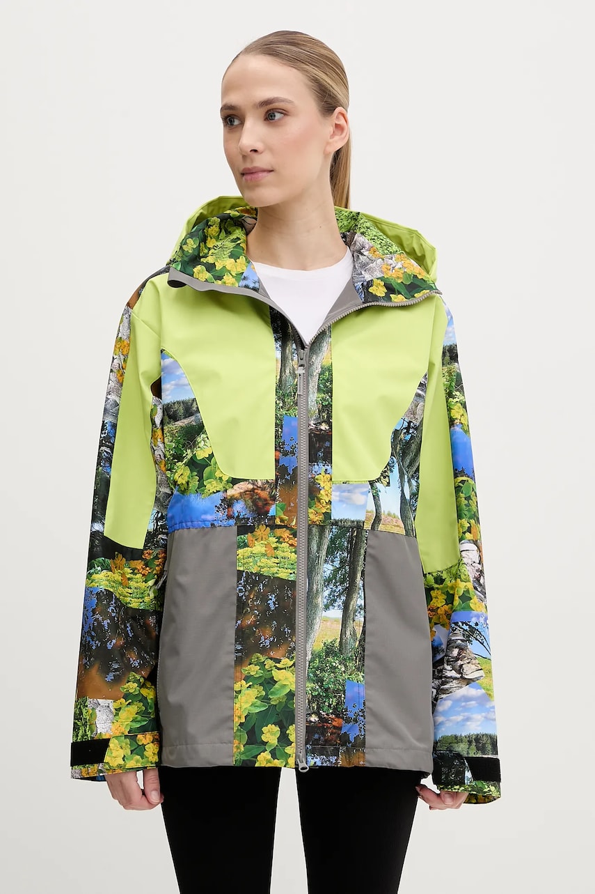 adidas by Stella McCartney geaca de ploaie TrueNature Earth Collage femei, culoarea verde, de tranzitie, oversize, JF8480 adidas by Stella McCartney geaca de ploaie TrueNature Earth Collage femei, culoarea verde, de tranzitie, oversize, JF8480