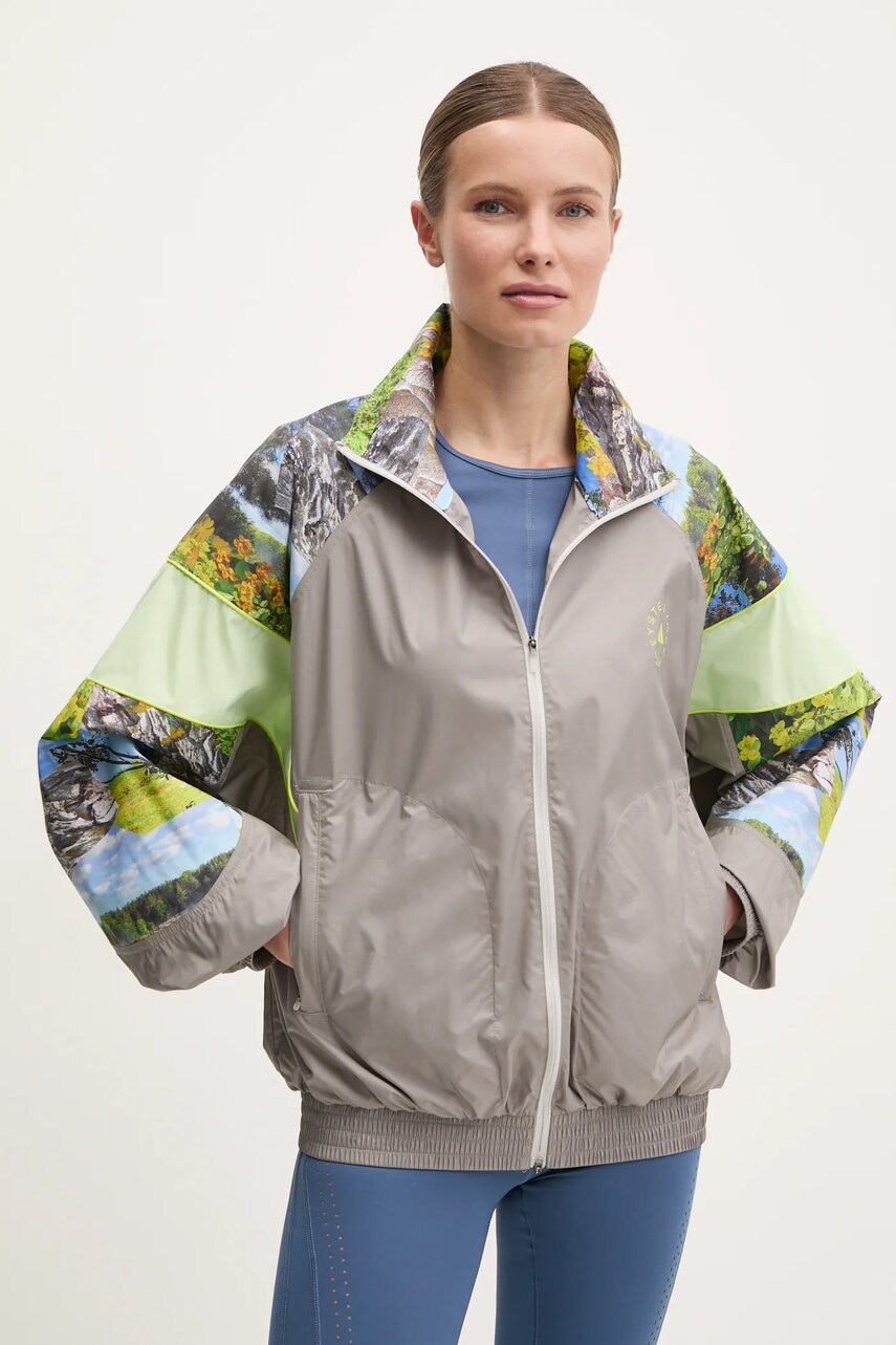 adidas by Stella McCartney geacă Earth Collage femei, culoarea gri, de tranziție, oversize, JG5793