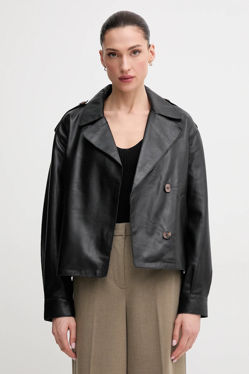 Pepe Jeans geacă de piele GRETA culoarea negru, de tranzitie, PL402527 Pepe Jeans geacă de piele GRETA culoarea negru, de tranzitie, PL402527