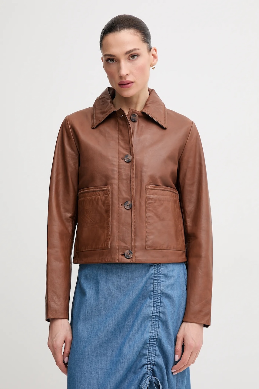 Pepe Jeans geacă de piele HILLARY culoarea maro, de tranzitie, PL402542 Pepe Jeans geacă de piele HILLARY culoarea maro, de tranzitie, PL402542