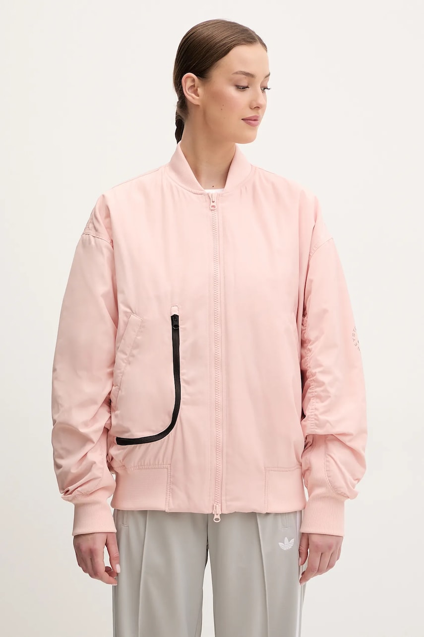 adidas by Stella McCartney geacă bomber culoarea roz, de tranzitie, oversize, JF8467 adidas by Stella McCartney geacă bomber culoarea roz, de tranzitie, oversize, JF8467