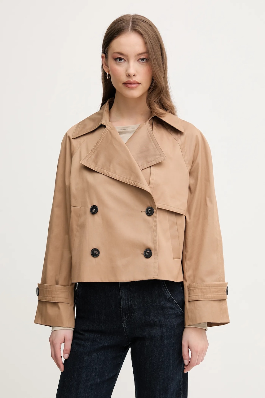 United Colors of Benetton sacou de bumbac femei, culoarea maro, de tranzitie, cu doua randuri de nasturi, 2RGCDW034