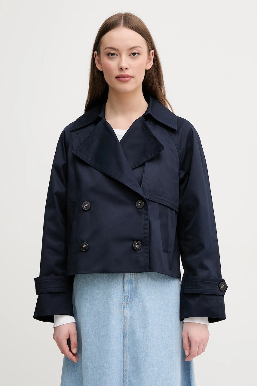 United Colors of Benetton sacou din bumbac femei, culoarea bleumarin, de tranzitie, cu doua randuri de nasturi, 2RGCDW034