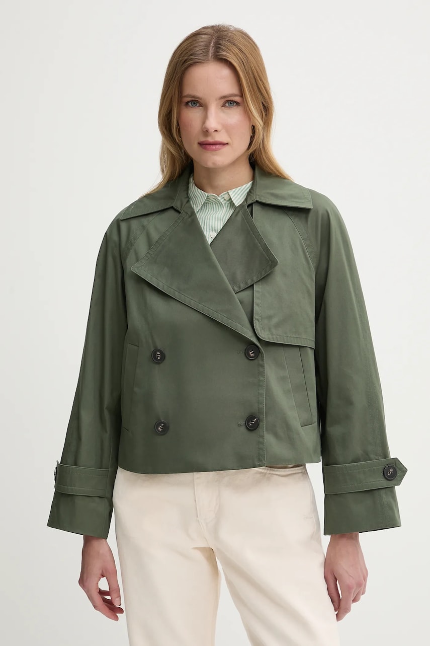 United Colors of Benetton sacou de bumbac femei, culoarea verde, de tranzitie, cu doua randuri de nasturi, 2RGCDW034 United Colors of Benetton sacou de bumbac femei, culoarea verde, de tranzitie, cu doua randuri de nasturi, 2RGCDW034