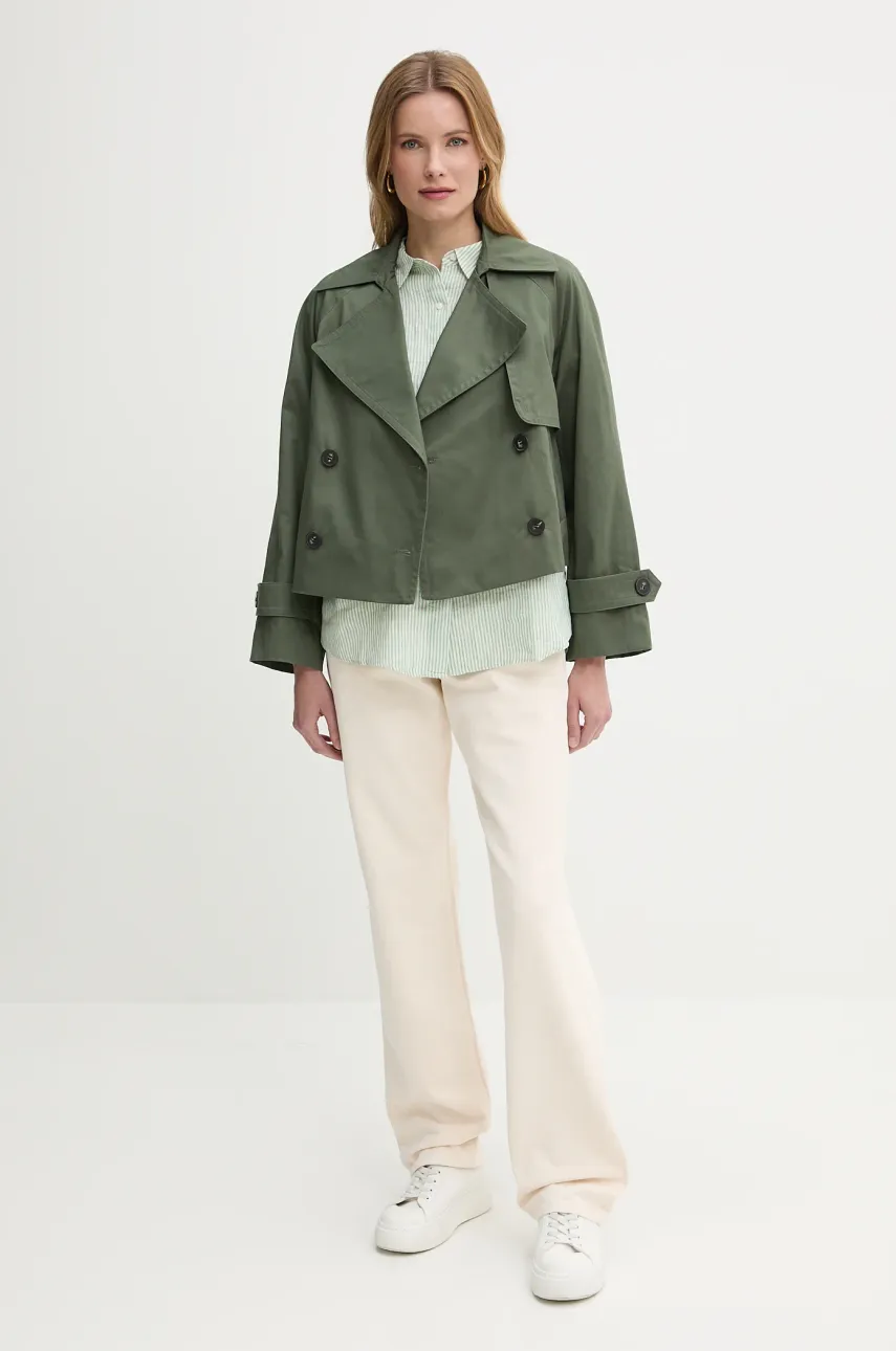 Хлопковая куртка United Colors of Benetton женская цвет зелёный переходная двубортная 2RGCDW034 Хлопковая куртка United Colors of Benetton женская цвет зелёный переходная двубортная 2RGCDW034