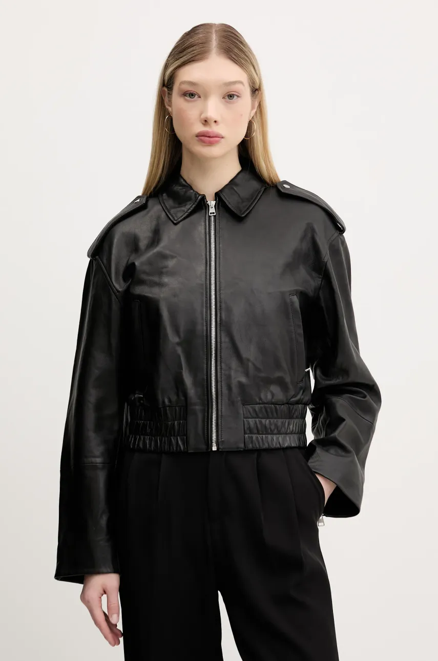 Kožená bunda HUGO černá barva, přechodná, oversize, 50536938