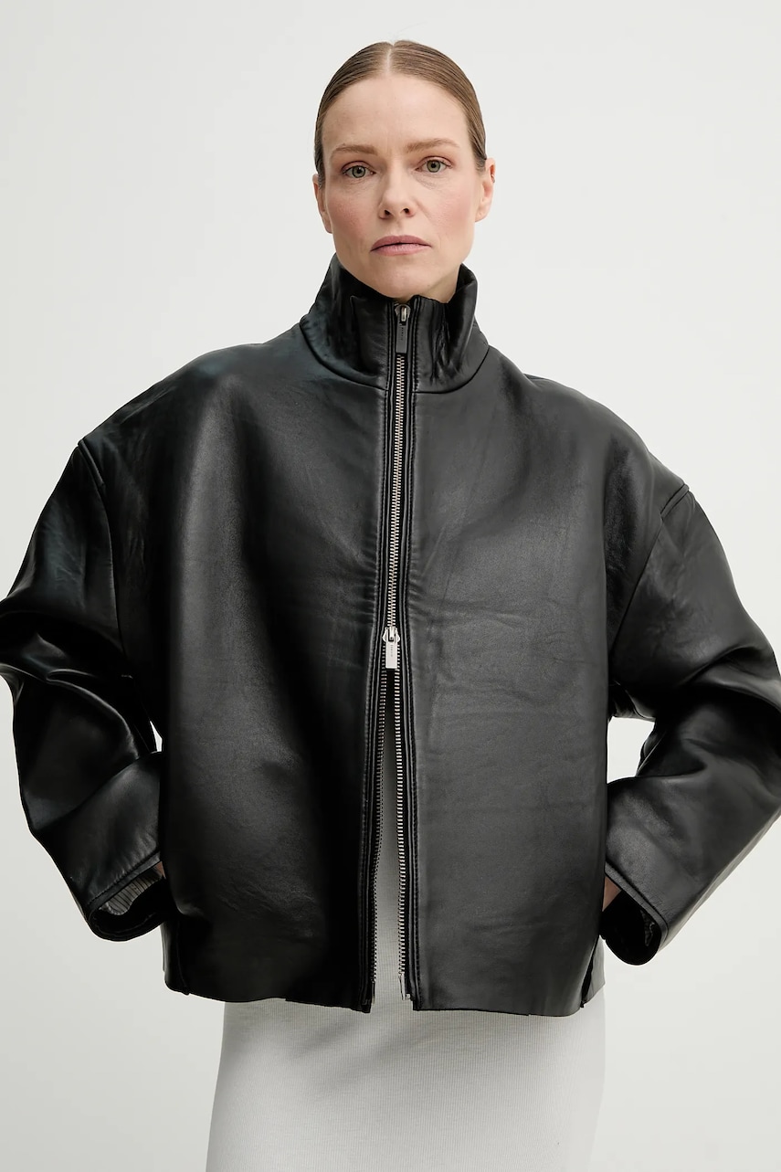 Remain geacă de piele culoarea negru, de tranzitie, oversize, 502882100