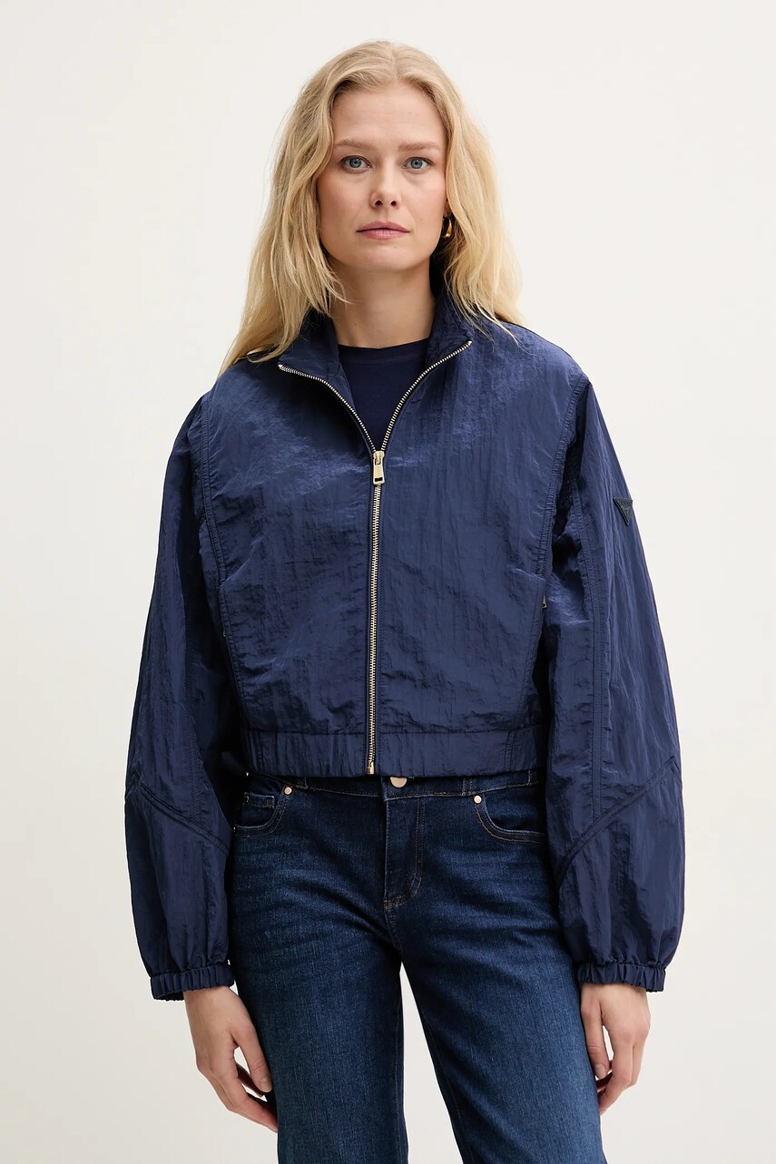 Levně Bunda Guess FLORIE tmavomodrá barva, přechodná, oversize, W5GL18 WH5X2
