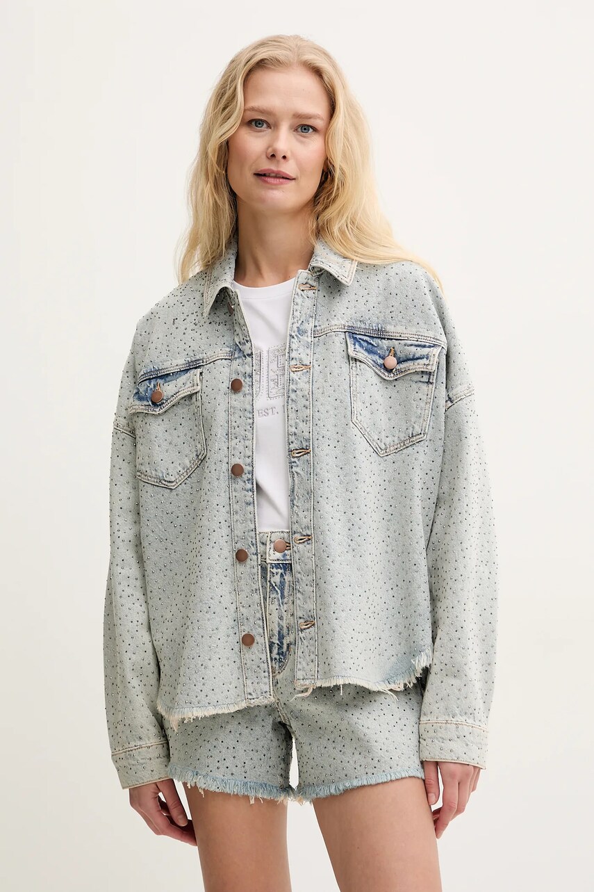Levně Džínová bunda Guess modrá barva, přechodná, oversize, W5GN90 D5LQ2