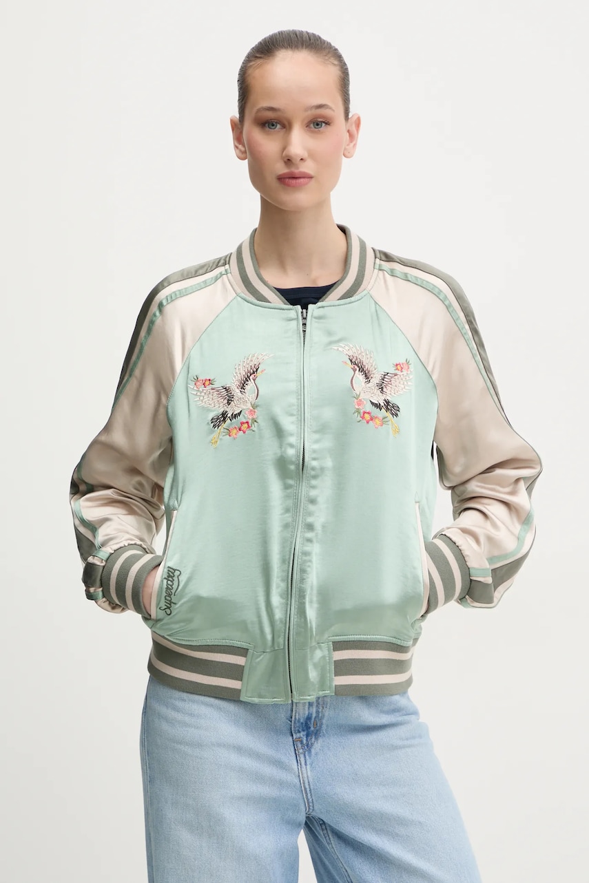 Superdry geacă bomber femei, culoarea verde, de tranziție, W5011864A-1LL Superdry geacă bomber femei, culoarea verde, de tranziție, W5011864A-1LL