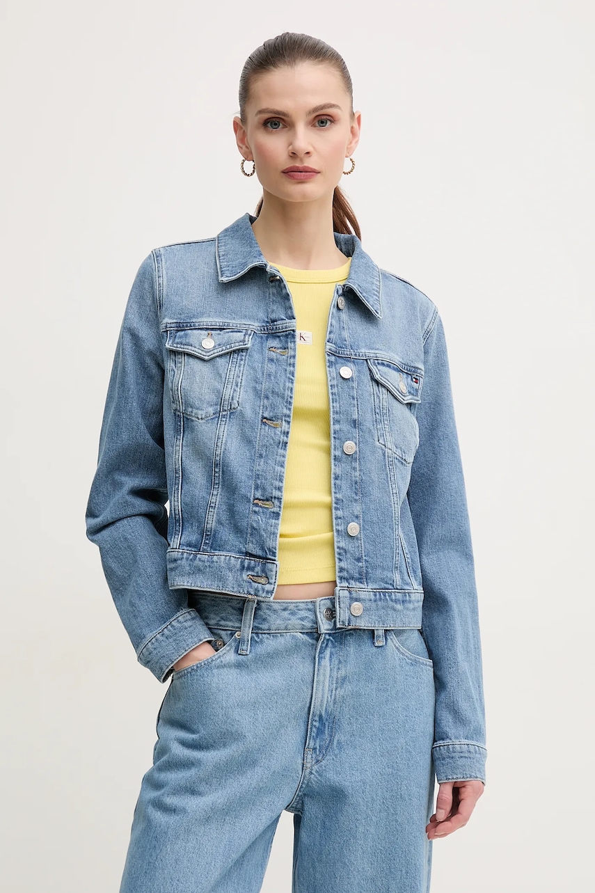 Džínová bunda Tommy Hilfiger dámská, modrá barva, přechodná, WW0WW44373