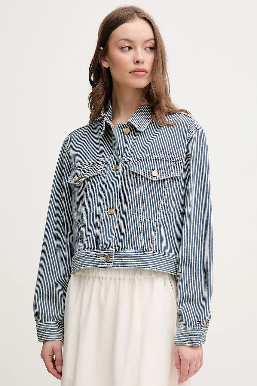 Džínová bunda Tommy Hilfiger modrá barva, přechodná, oversize, WW0WW44375