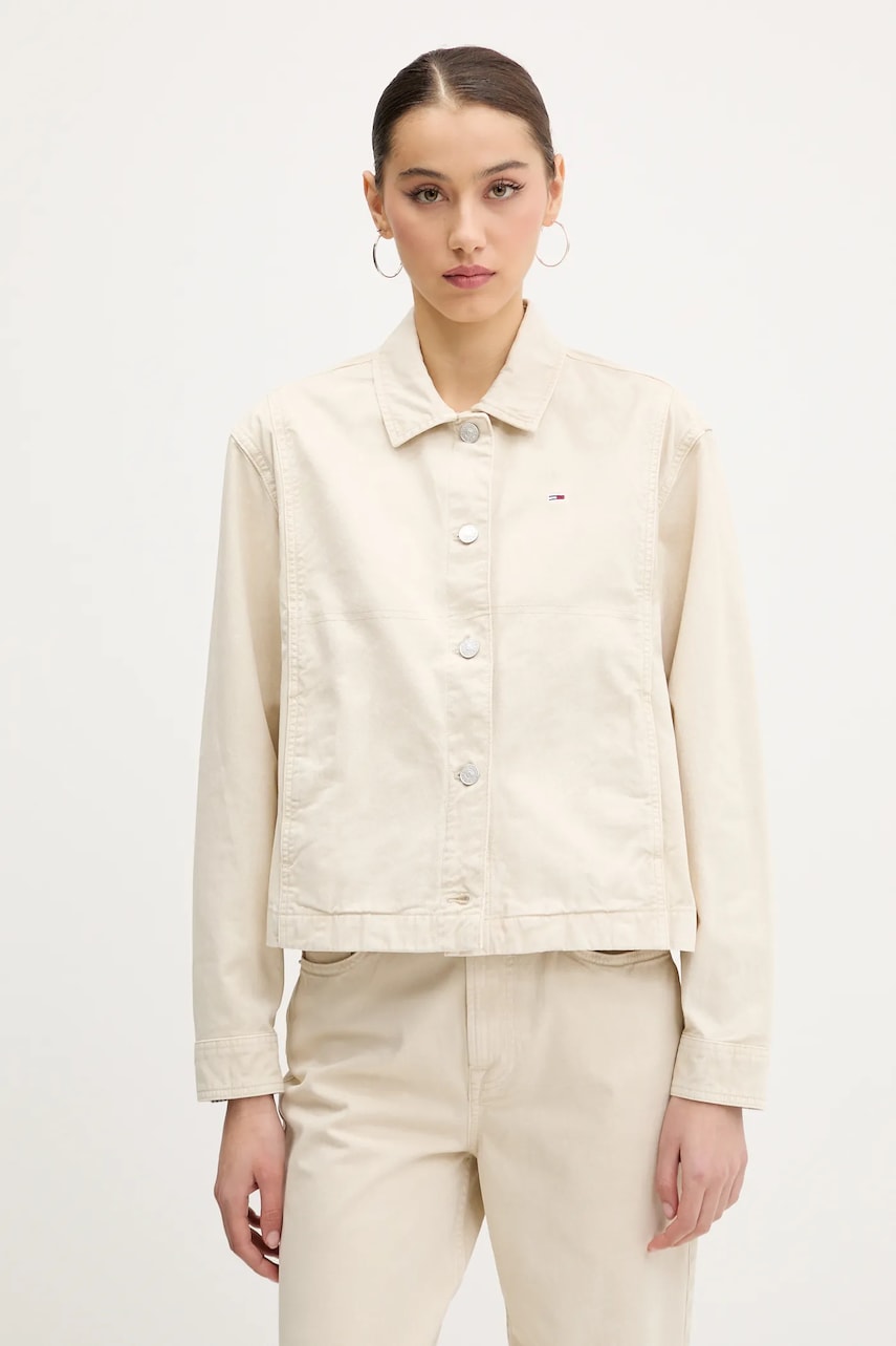 Tommy Jeans jachetă de bumbac culoarea bej, de tranzitie, DW0DW20230 Tommy Jeans jachetă de bumbac culoarea bej, de tranzitie, DW0DW20230