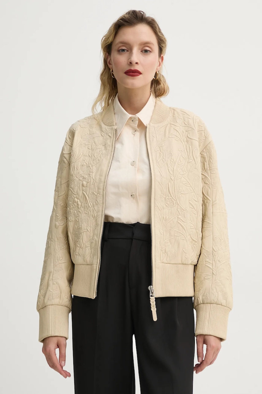 MUNTHE geaca bomber de piele FERRIL femei, culoarea bej, de tranzitie, 251151525105