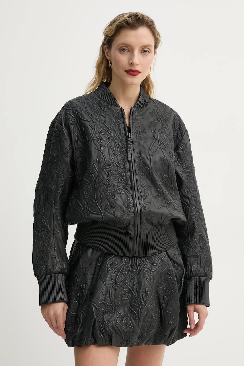 MUNTHE geaca bomber de piele FERRIL femei, culoarea negru, de tranzitie, 251151525105 MUNTHE geaca bomber de piele FERRIL femei, culoarea negru, de tranzitie, 251151525105