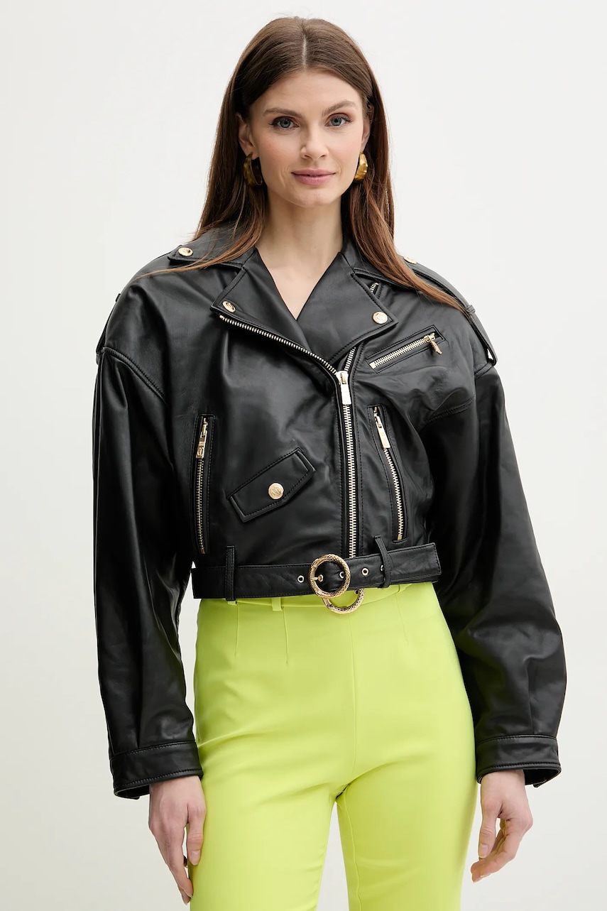 Just Cavalli geacă ramones de piele culoarea negru, de tranzitie, 78PAVP05 CP009