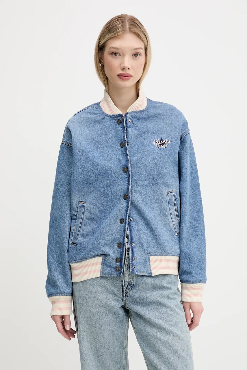 Levně Džínová bomber bunda Guess Jeans modrá barva, přechodná, oversize, W5GN75 D5M4A