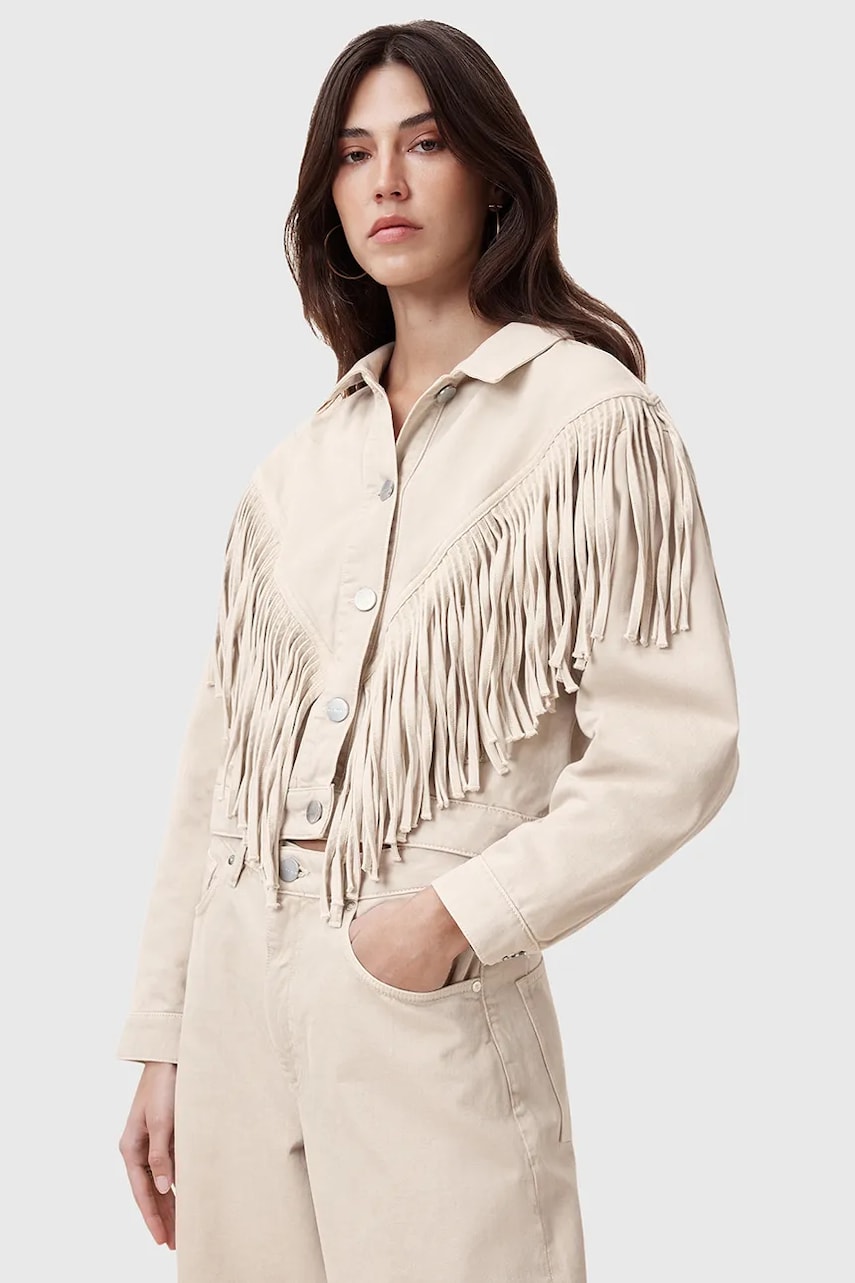 AllSaints jachetă de bumbac MARLENE FRNGE culoarea bej, de tranzitie, W057OC AllSaints jachetă de bumbac MARLENE FRNGE culoarea bej, de tranzitie, W057OC