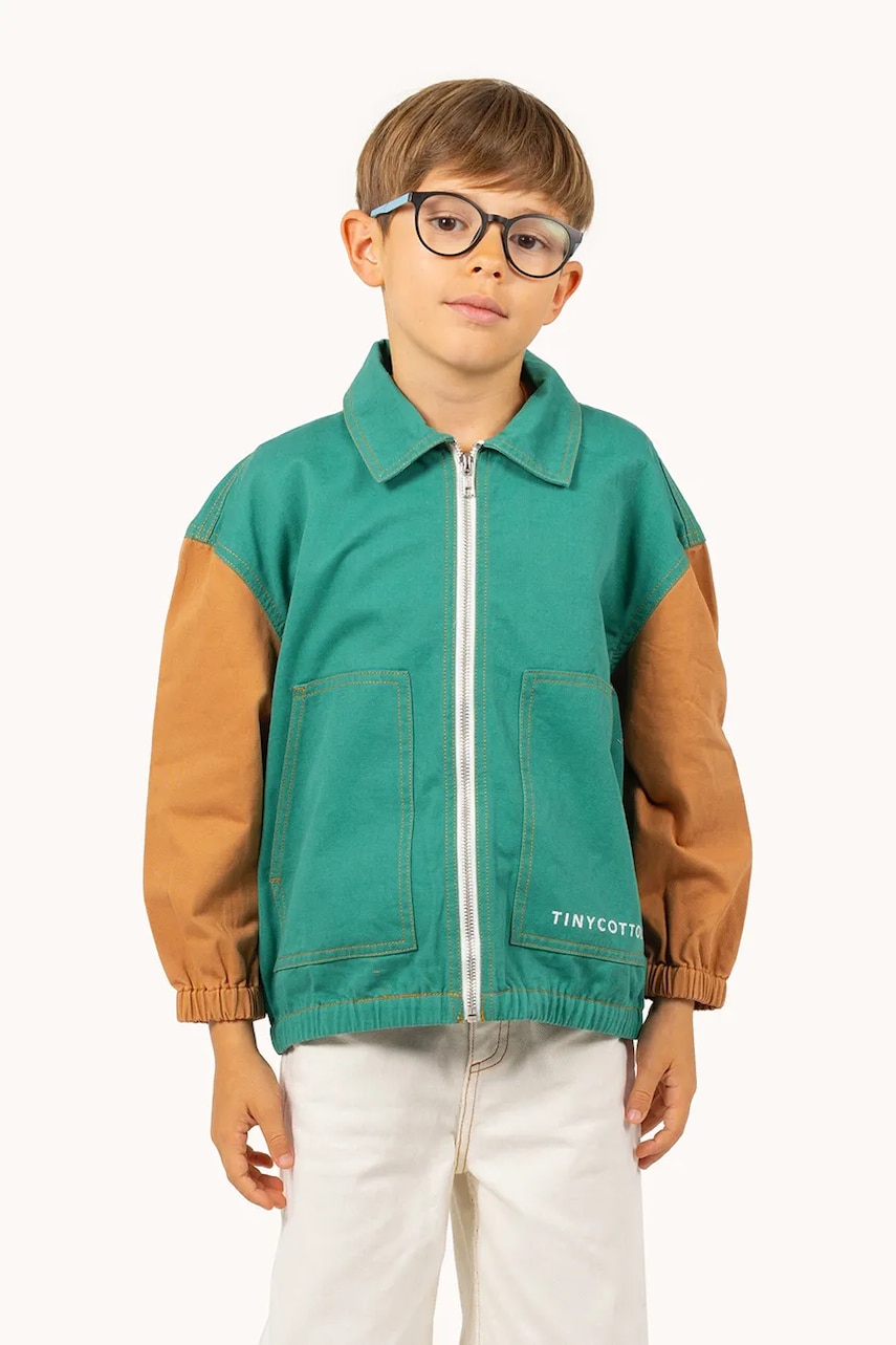 Tinycottons geacă de bumbac pentru copii COLOR BLOCKED JACKET culoarea verde, SS25-208 Tinycottons geacă de bumbac pentru copii COLOR BLOCKED JACKET culoarea verde, SS25-208