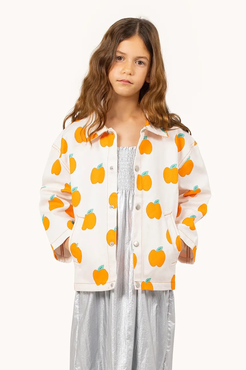 Tinycottons geacă de bumbac pentru copii APPLES JACKET culoarea bej, SS25-214 Tinycottons geacă de bumbac pentru copii APPLES JACKET culoarea bej, SS25-214