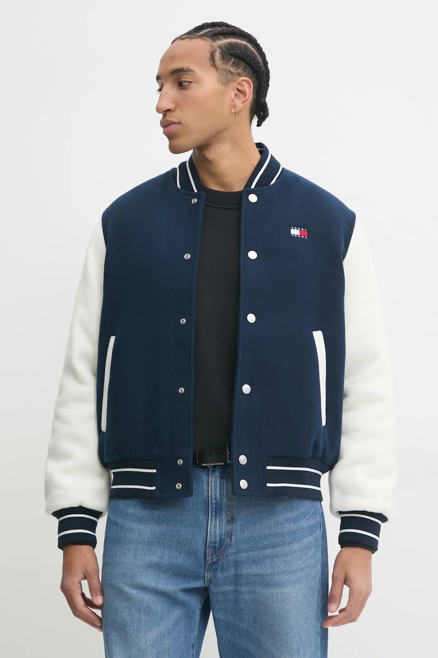 Tommy Jeans geaca din amestec de lana culoarea albastru marin, de tranzitie, DM0DM20216 Tommy Jeans geaca din amestec de lana culoarea albastru marin, de tranzitie, DM0DM20216