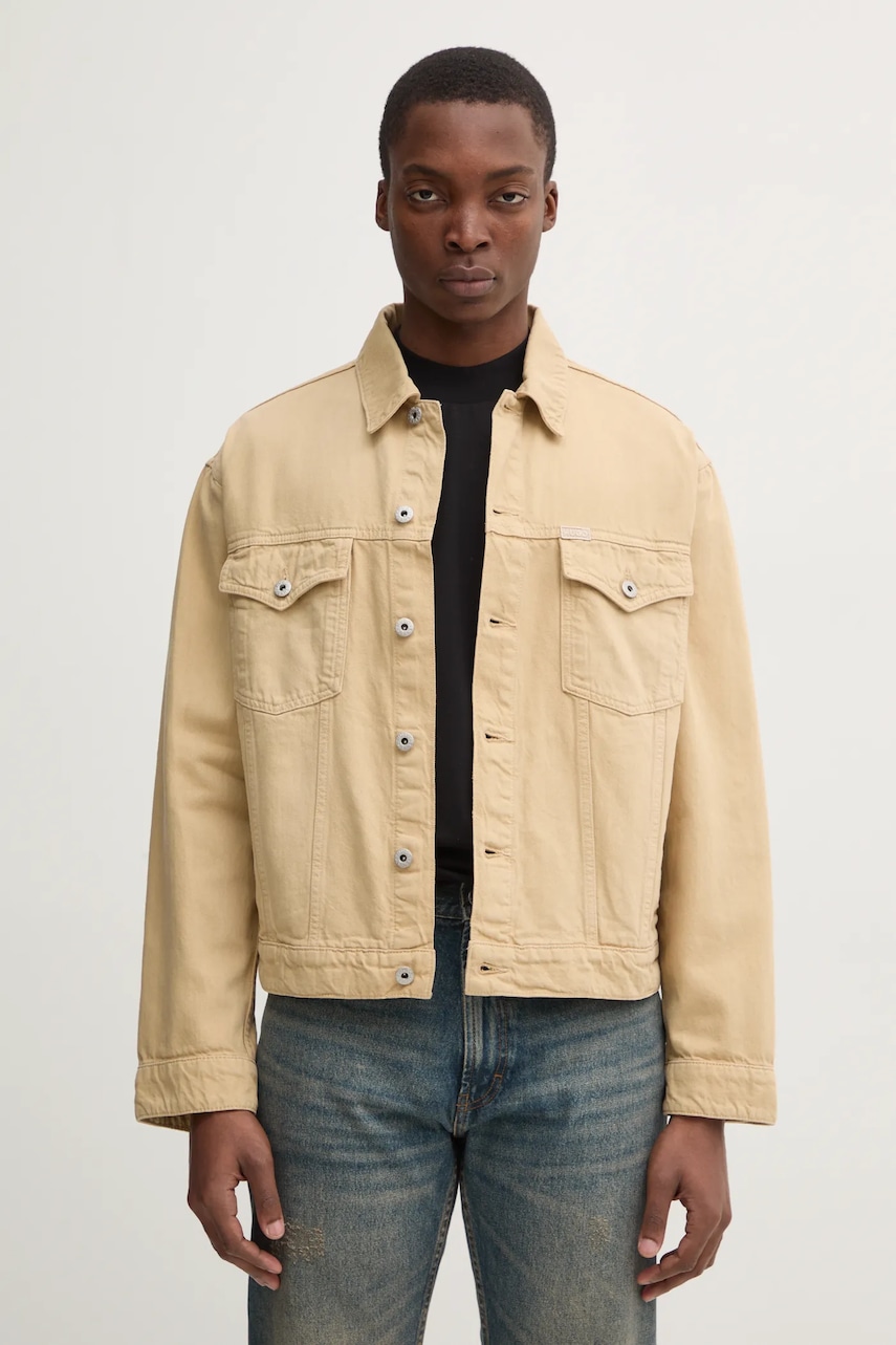 Hugo Blue geaca jeans barbati, culoarea bej, de tranzitie, 50533725