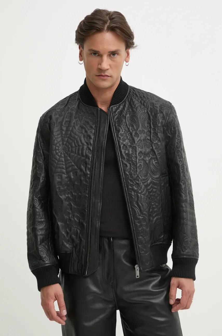 Kožená bunda bomber HUGO pánská, černá barva, přechodná, 50530821
