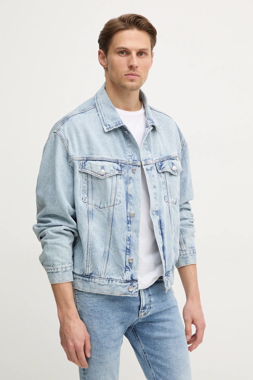 Levně Džínová bunda Calvin Klein Jeans pánská, modrá barva, přechodná, oversize, J30J326556