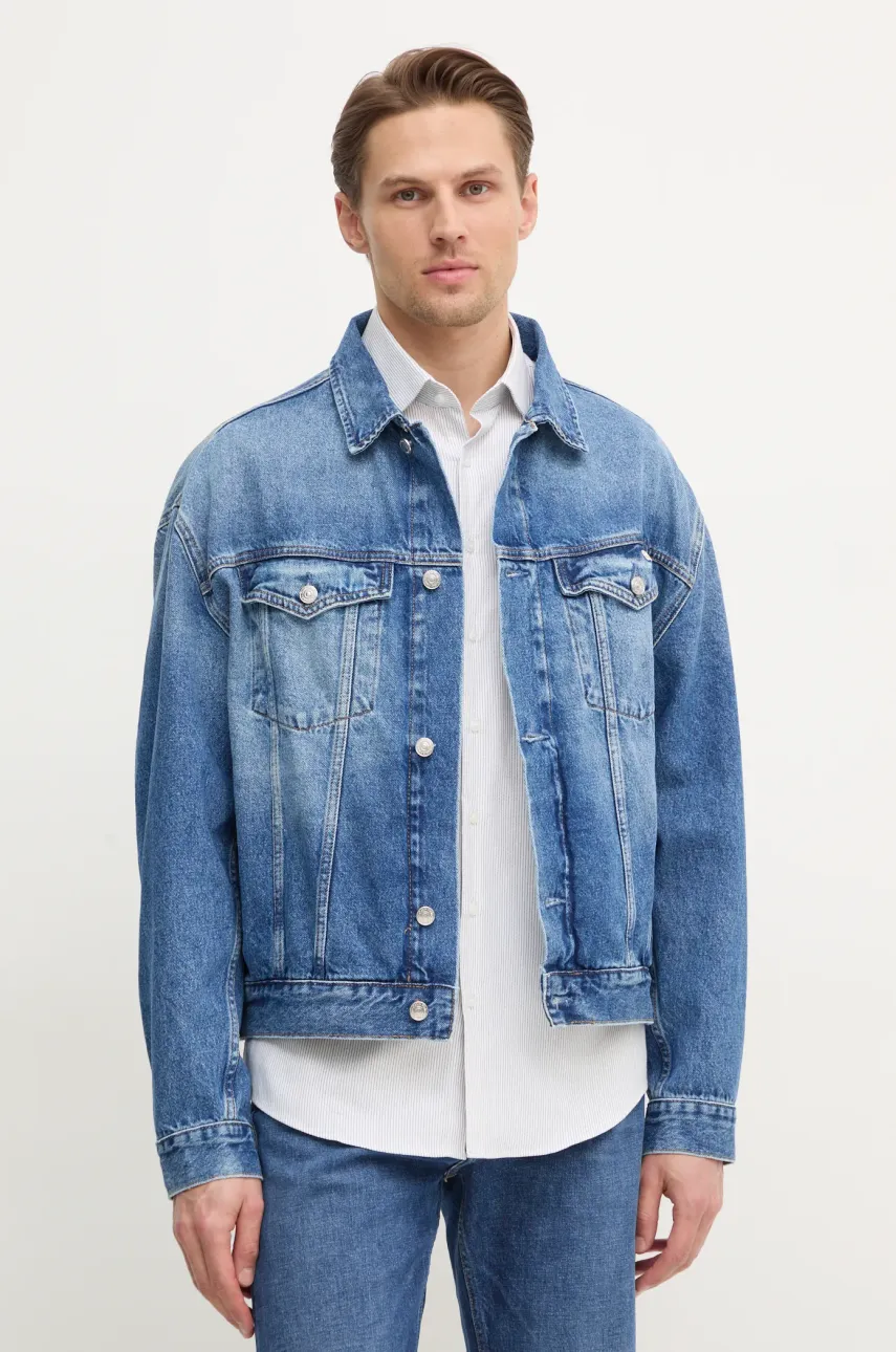 Levně Džínová bunda Calvin Klein Jeans pánská, modrá barva, přechodná, J30J327027
