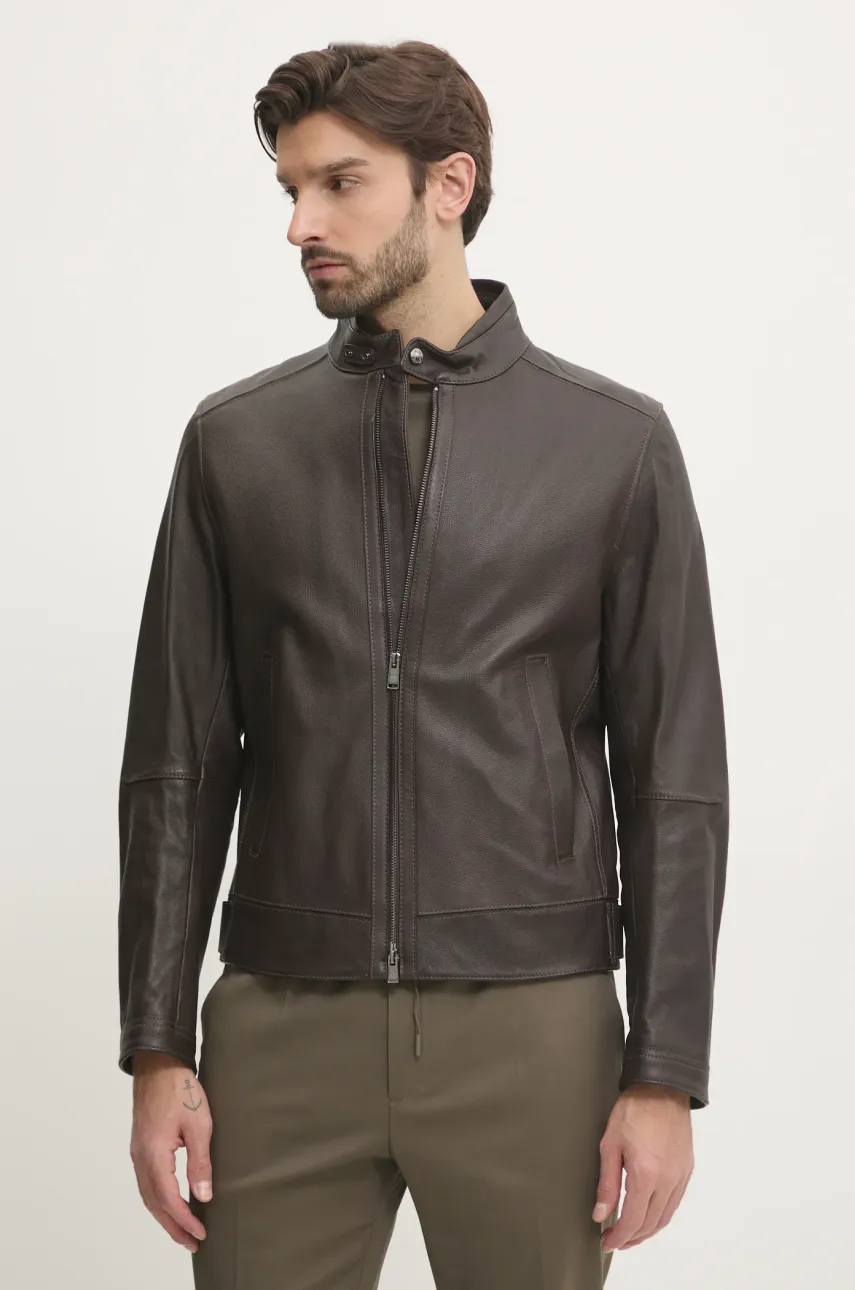 BOSS geaca de piele barbati, culoarea maro, de tranzitie, 50532475