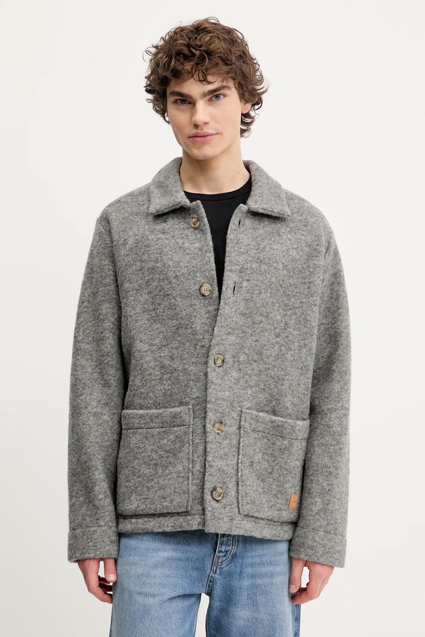 A.P.C. jachetă de cămașă din lână veste thais culoarea gri, de tranzitie, oversize, WOAQS.M02912 A.P.C. jachetă de cămașă din lână veste thais culoarea gri, de tranzitie, oversize, WOAQS.M02912