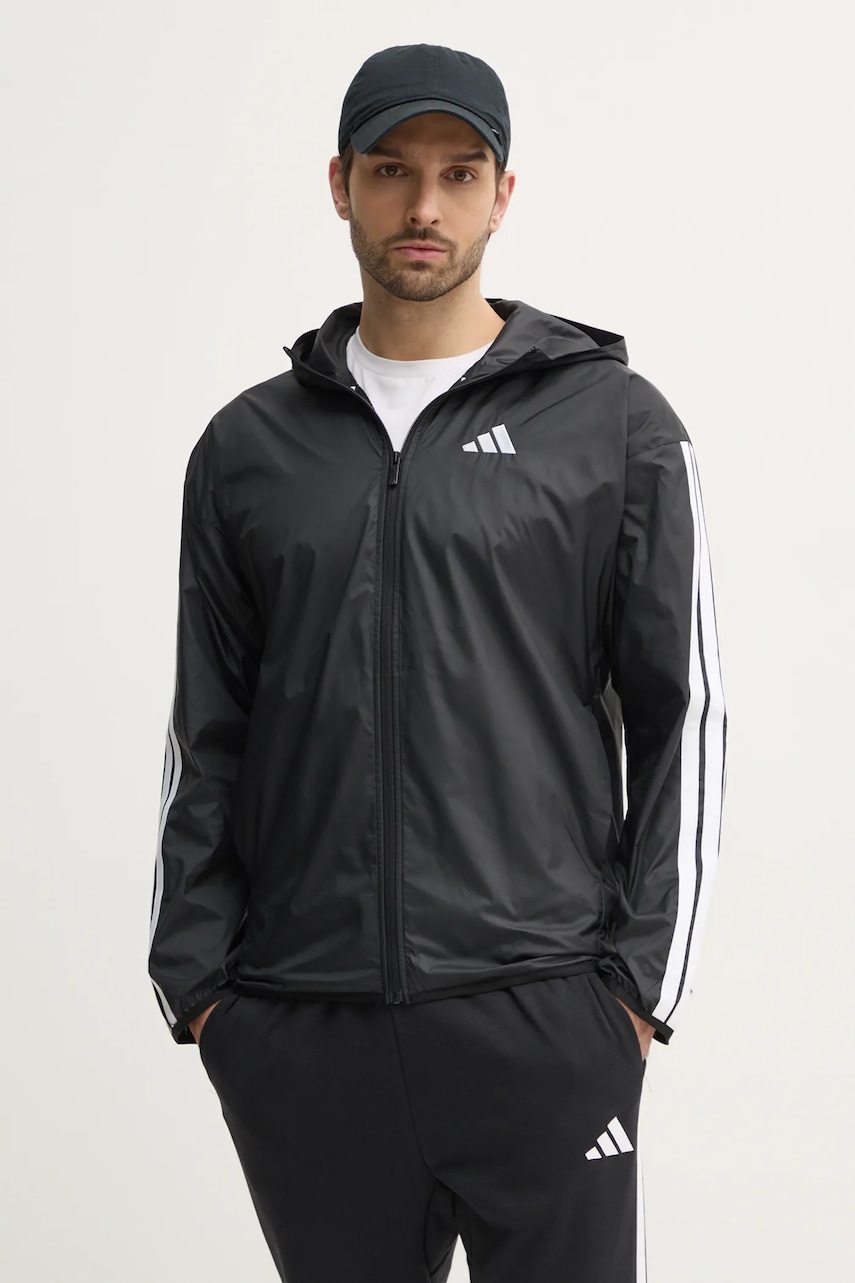 adidas geaca Essentials barbati, culoarea negru, de tranzitie, oversize, JE6325 adidas geaca Essentials barbati, culoarea negru, de tranzitie, oversize, JE6325