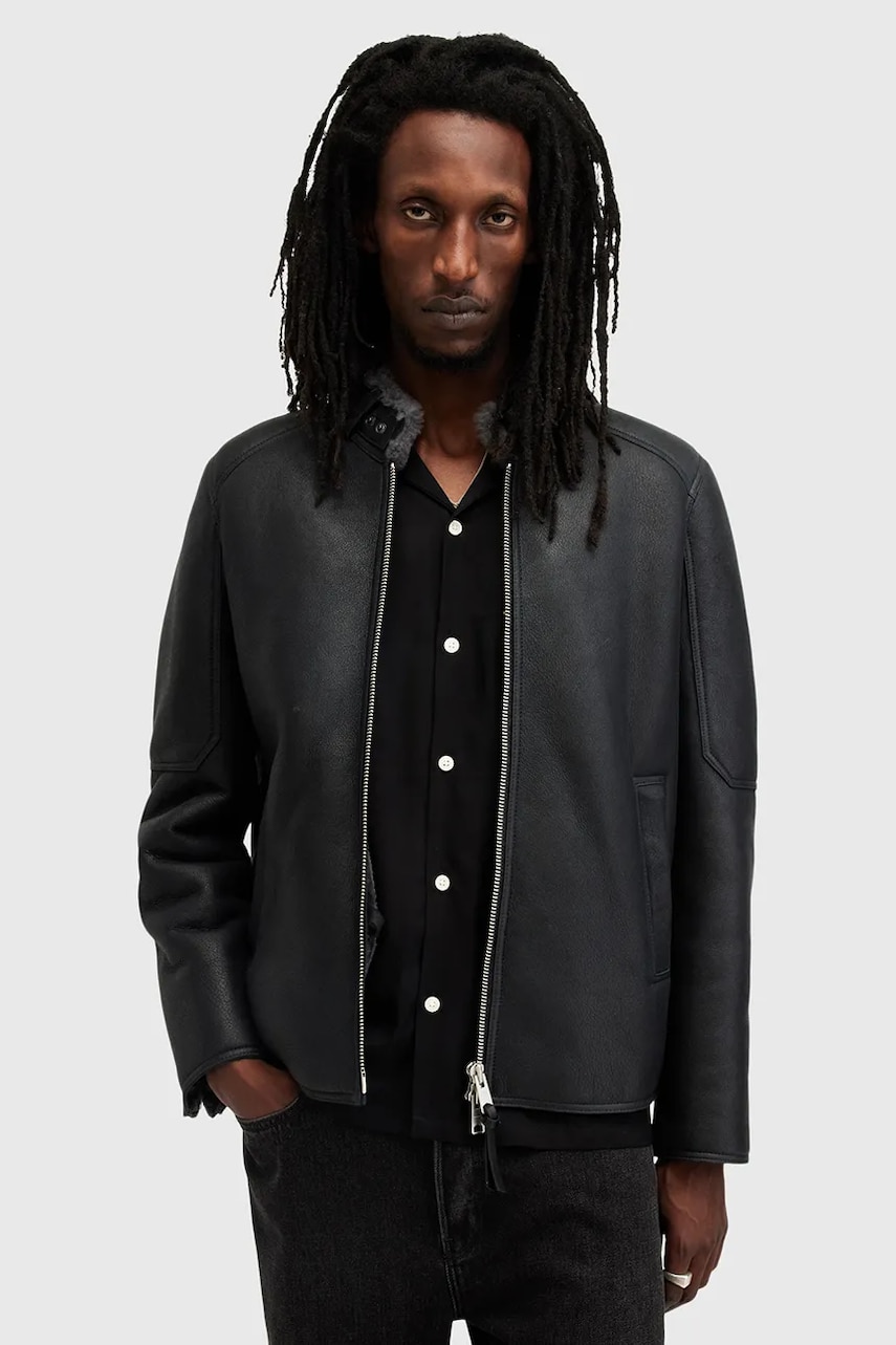 AllSaints geacă de piele HAYWARD bărbați, culoarea negru, de tranziție, M057LB