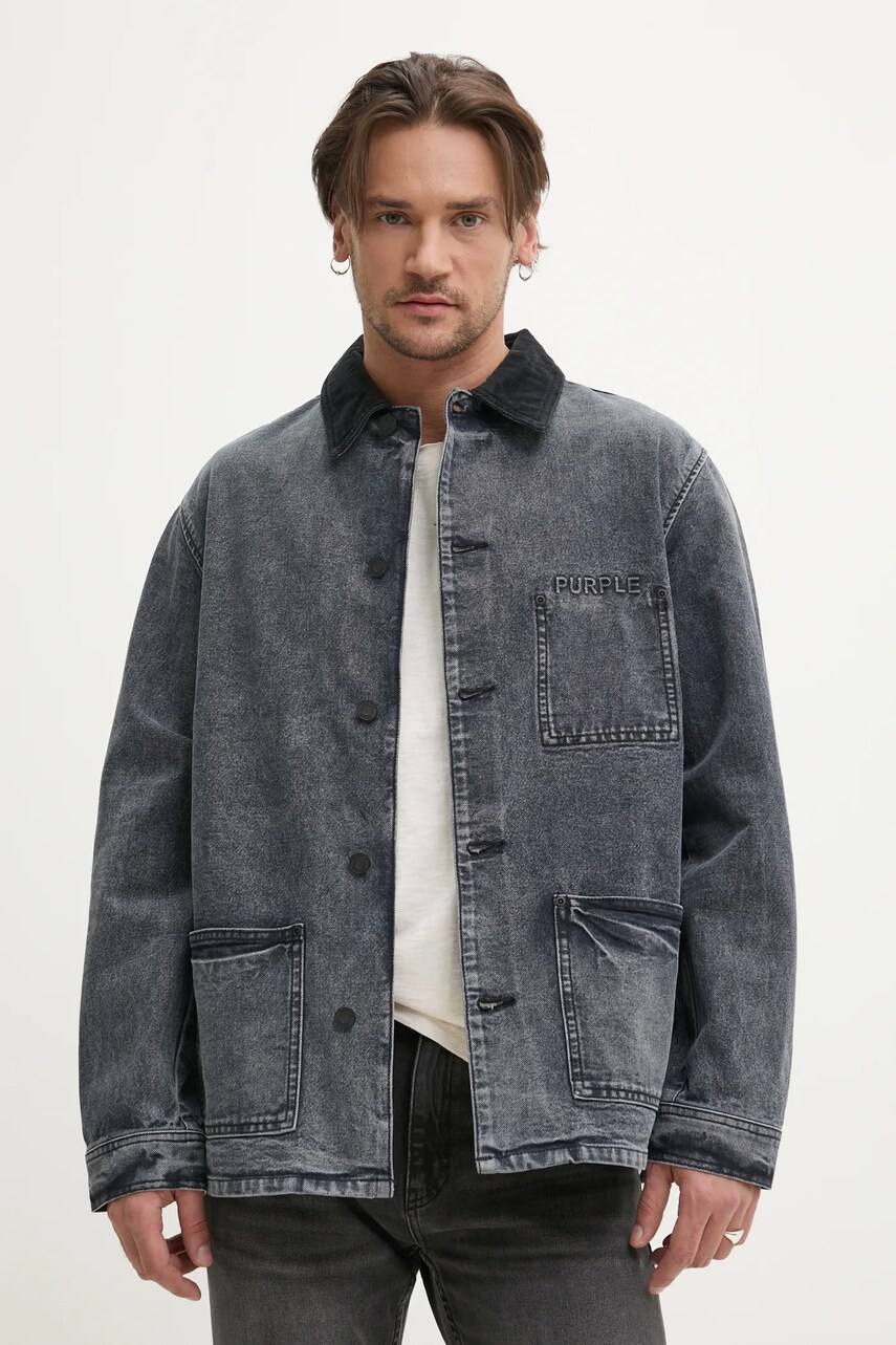 PURPLE BRAND geaca jeans WORKWEAR ROYALTIES CANVAS culoarea gri, de tranzitie, oversize, P080-WJDB125
