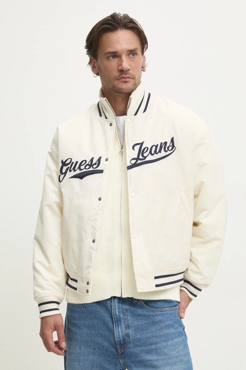 Levně Bomber bunda Guess Jeans béžová barva, zimní, oversize, M5RL54 WHAA2
