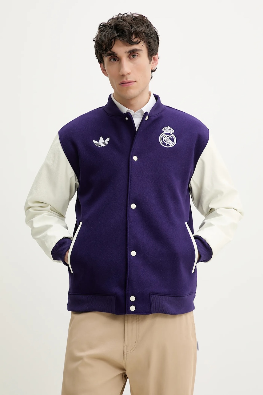 adidas Originals jacheta bomber din amestec de lana Real CNY JKT culoarea violet, de tranzitie, oversize, JF2587 adidas Originals jacheta bomber din amestec de lana Real CNY JKT culoarea violet, de tranzitie, oversize, JF2587
