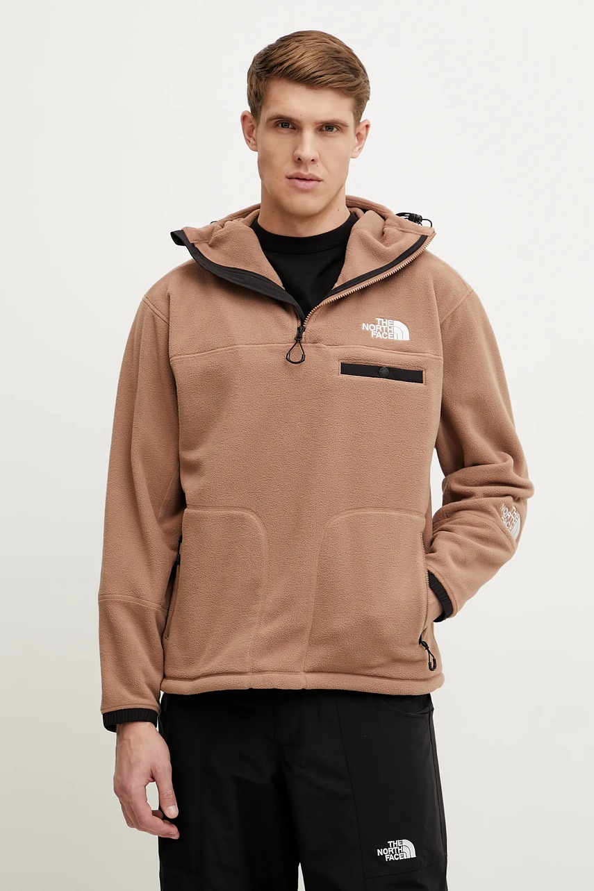 The North Face hanorac fleece TNF X NSE barbati, culoarea maro, cu glugă, neted, NF0A8BJZ6IH1
