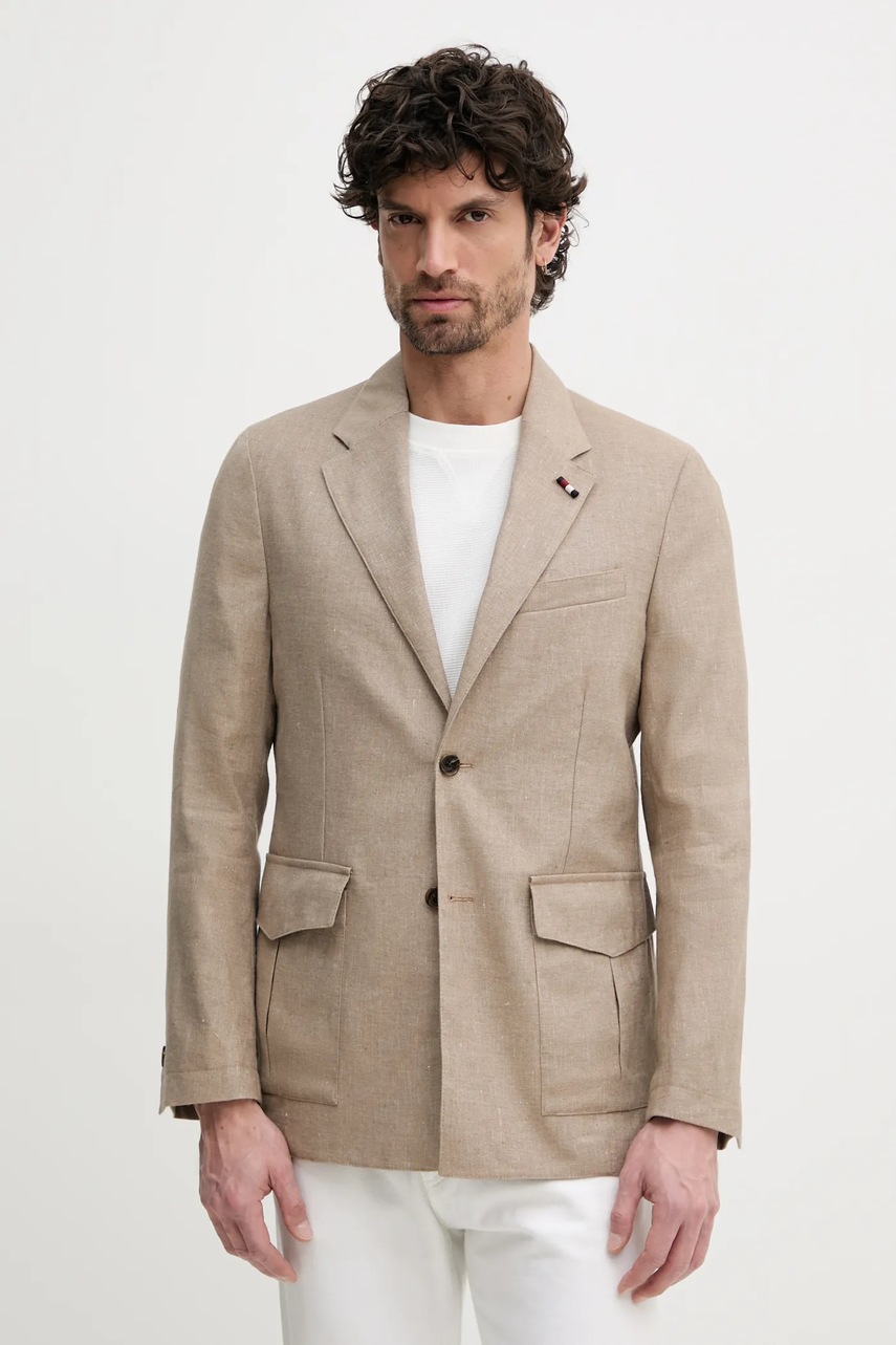 Λινό πανωφόρι Tommy Hilfiger χρώμα: μπεζ, SQTHL5965.SQTH503 φωτογραφία