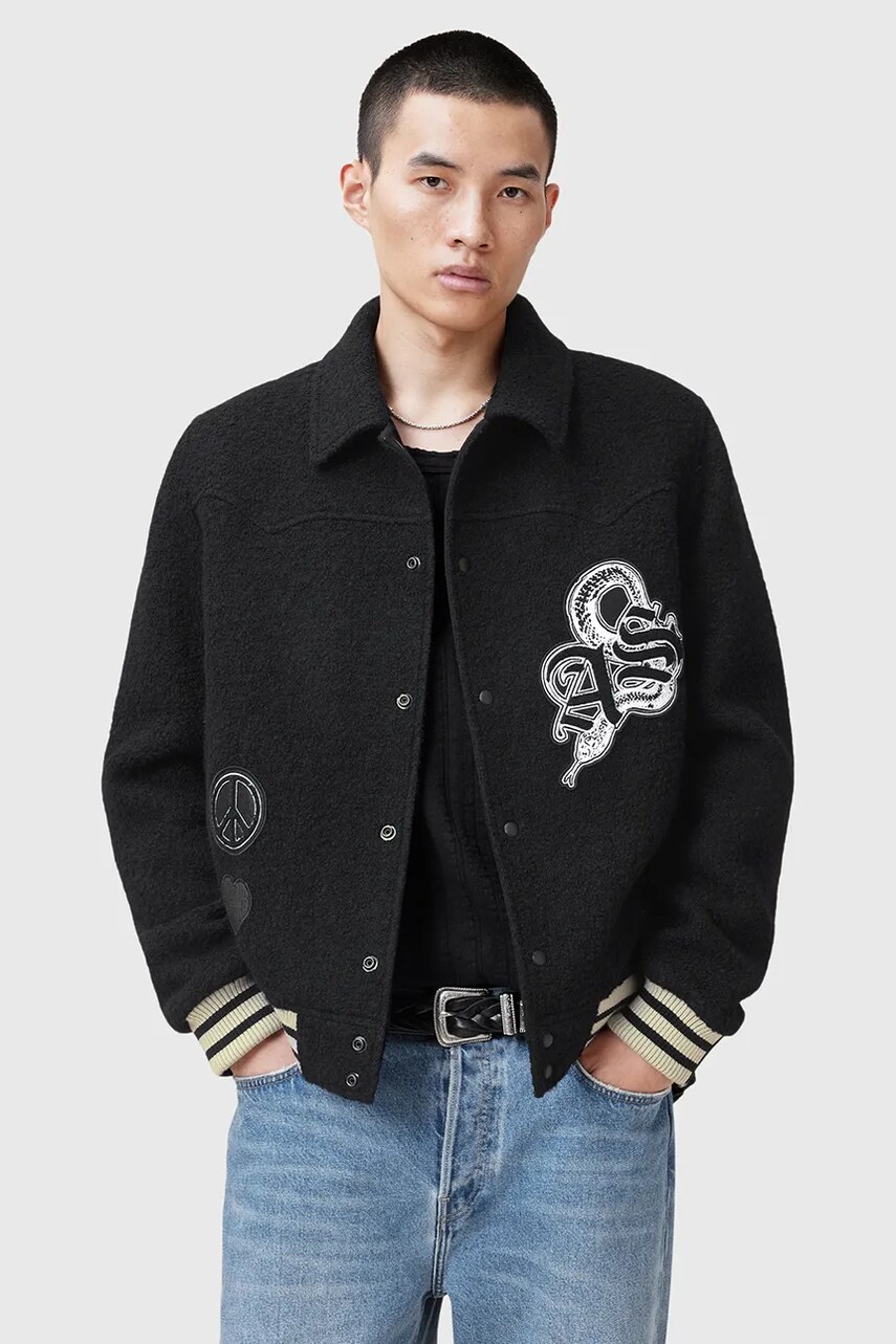 AllSaints jacheta bomber din lana AMBAUM culoarea negru, de tranzitie, M008OC AllSaints jacheta bomber din lana AMBAUM culoarea negru, de tranzitie, M008OC