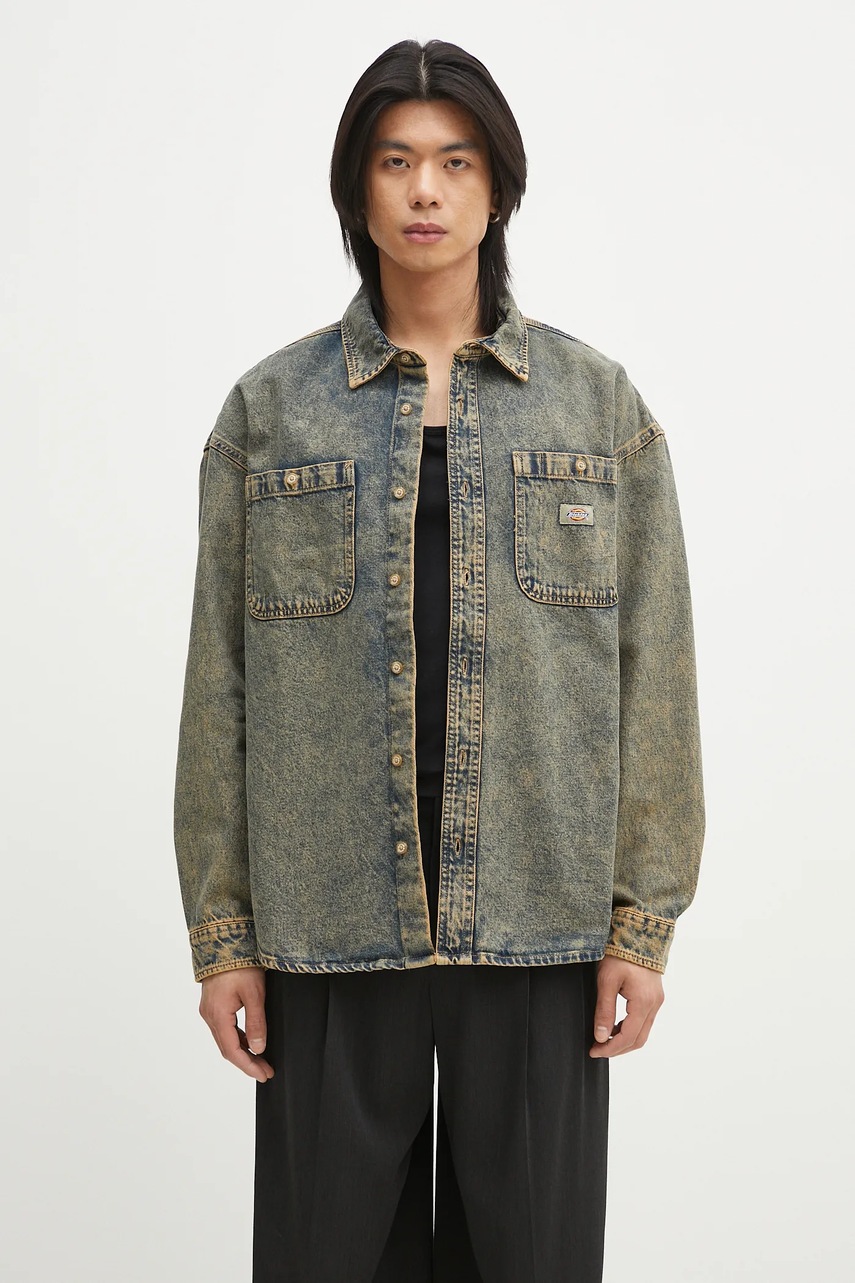 Dickies geacă din denim Houston Ls Shirt Yellow Fade Indigo bărbați, culoarea albastru marin, de tranzitie, DK0A4YF5K581