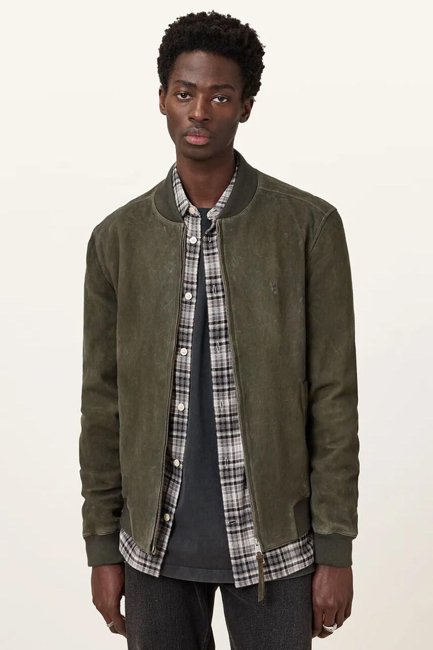 AllSaints geacă din piele întoarsă BUCKLEY culoarea verde, de tranzitie, M022LC