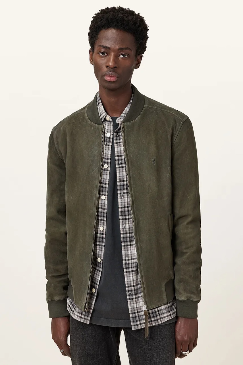 AllSaints geacă din piele întoarsă BUCKLEY culoarea verde, de tranzitie, M022LC