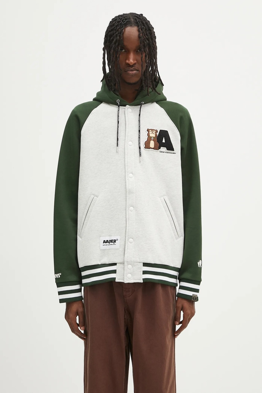Mikina AAPE Aaper pánská, zelená barva, s kapucí, s aplikací, AAPSWMB382XAN