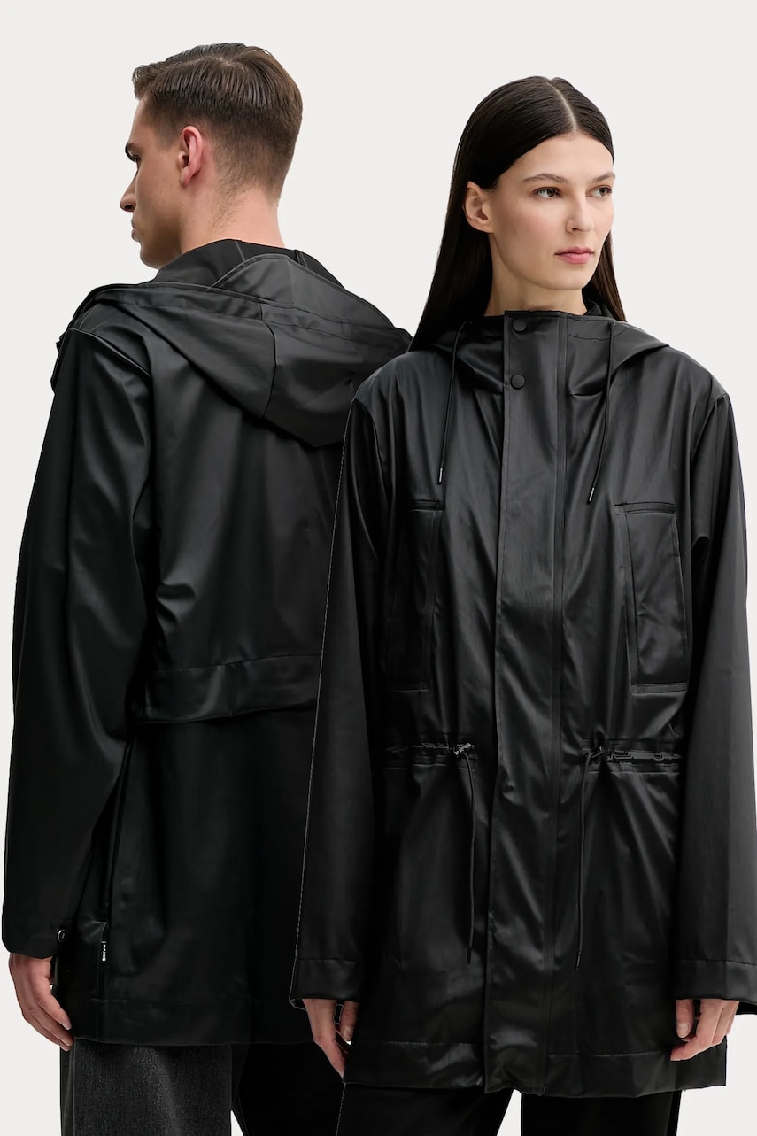 Rains geacă Bold Long Jacket W3 culoarea negru, de tranzitie, 12110 Rains geacă Bold Long Jacket W3 culoarea negru, de tranzitie, 12110