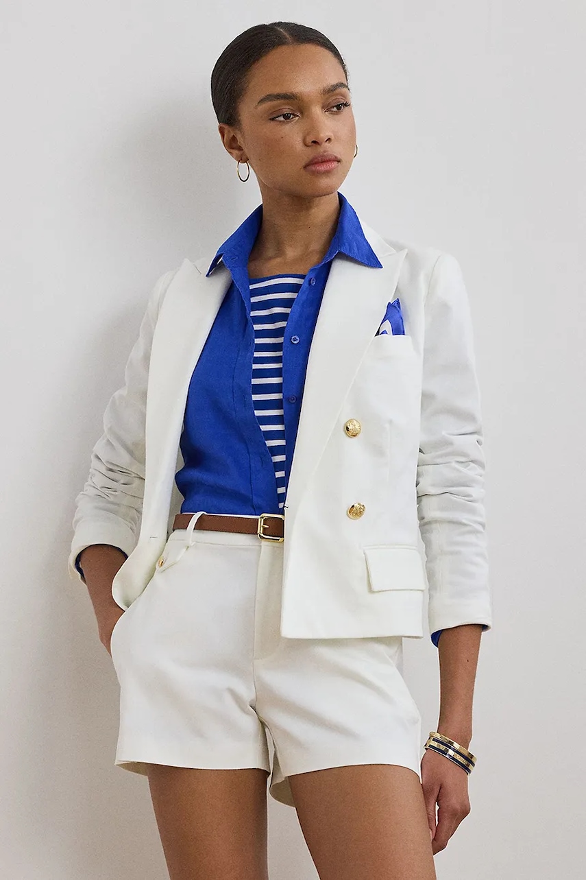 Lauren Ralph Lauren marynarka bawełniana kolor biały dwurzędowa gładka 200957205