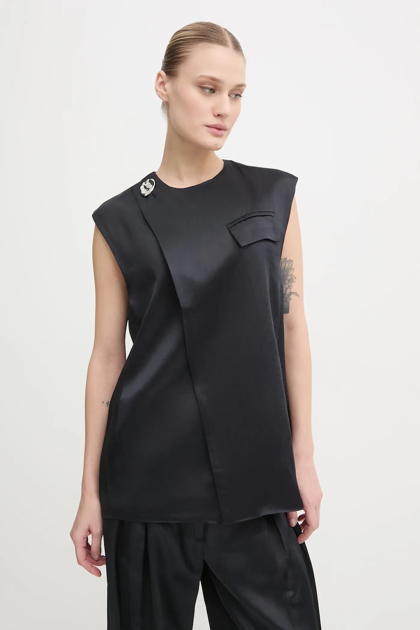 Day Birger et Mikkelsen vestă cu amestec de in Marlin culoarea negru, un singur rand de nasturi, DAY65243539 Day Birger et Mikkelsen vestă cu amestec de in Marlin culoarea negru, un singur rand de nasturi, DAY65243539