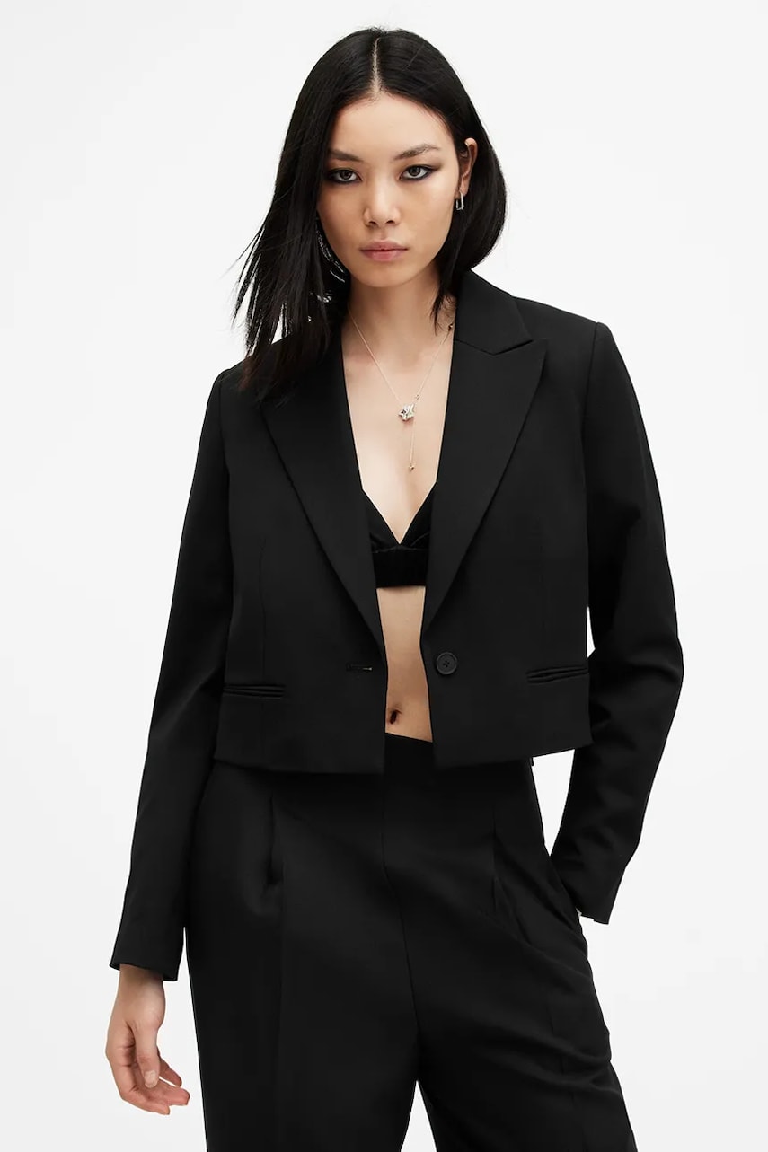 AllSaints sacou SHORES culoarea negru, un singur rand de nasturi, uni, W014QB AllSaints sacou SHORES culoarea negru, un singur rand de nasturi, uni, W014QB