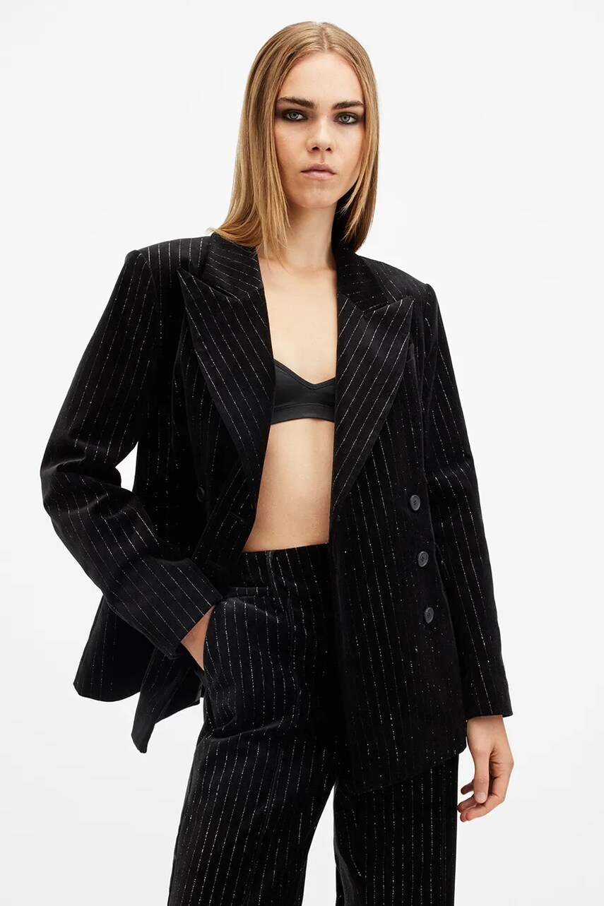 AllSaints sacou din bumbac SEVENH culoarea negru, cu doua randuri de nasturi, W026QB