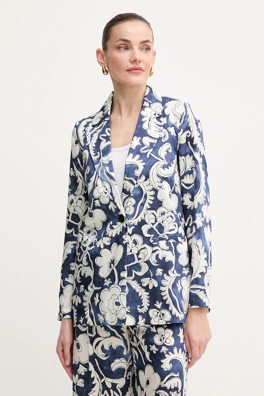 Marella sacou Emme by Marella culoarea albastru marin, un singur rand de nasturi, cu imprimeu, 2515041181200 Marella sacou Emme by Marella culoarea albastru marin, un singur rand de nasturi, cu imprimeu, 2515041181200