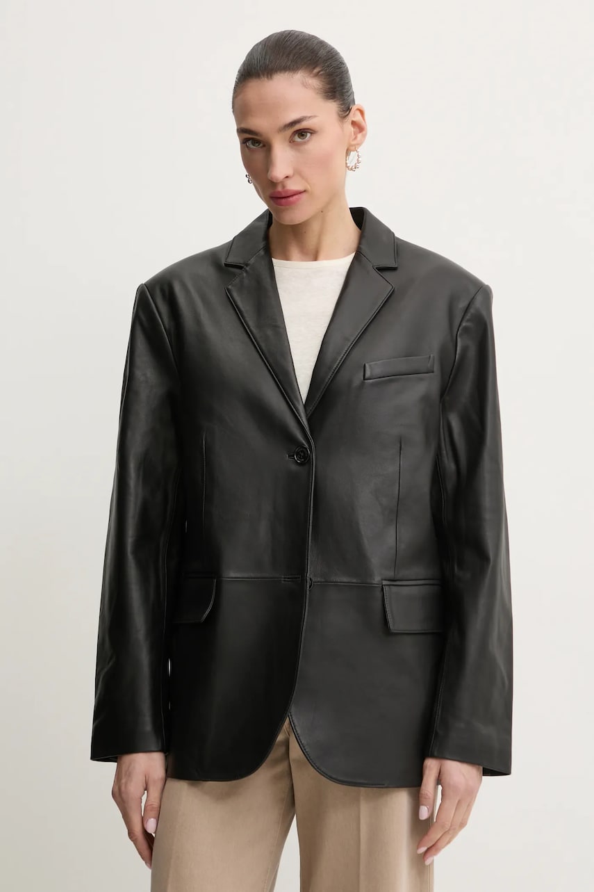 MICHAEL Michael Kors sacou de piele culoarea negru, oversize, neted, MF41098FAF MICHAEL Michael Kors sacou de piele culoarea negru, oversize, neted, MF41098FAF